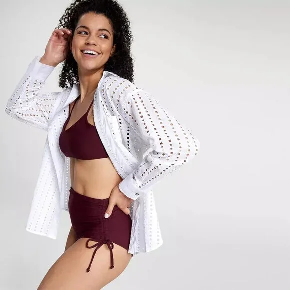 CALIA Women's Oversized Long Sleeve Button Down Swim Cover Up White Size XXS - Picture 4 of 7